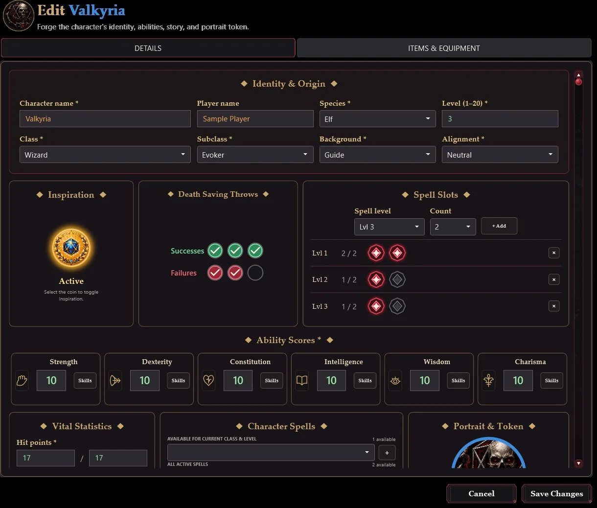 Actual Dice N Dead character editor with identity, abilities, inspiration, death saves and spell slots