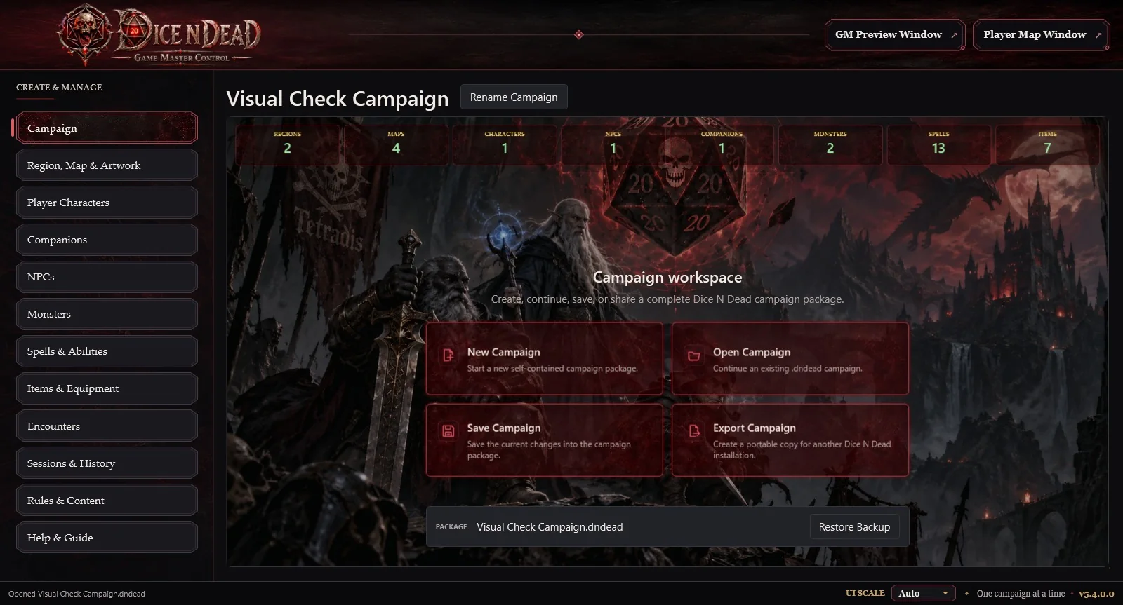 Actual Dice N Dead campaign dashboard, showing the Create & Manage navigation and campaign actions