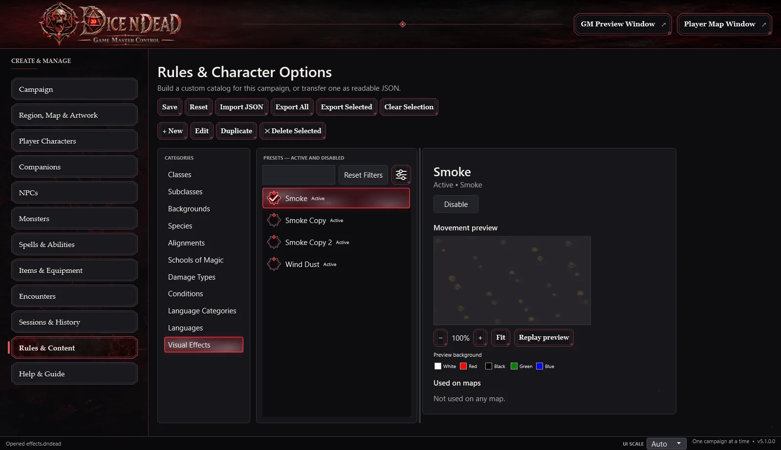 Actual Dice N Dead rules and visual effects management interface