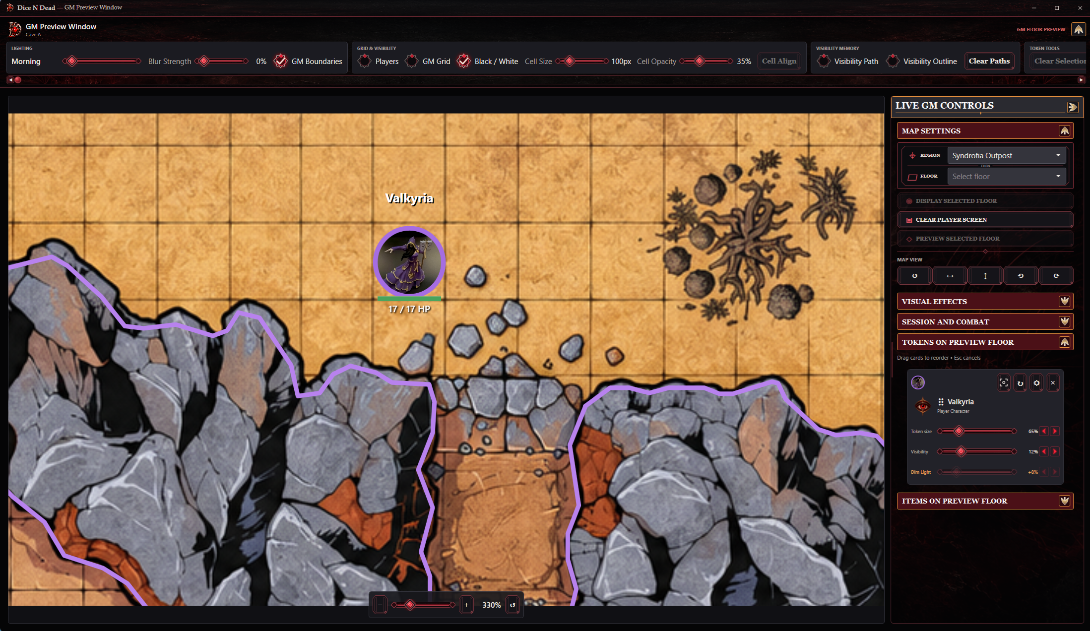 Actual GM Preview window with fantasy map, lighting tools, tokens and right-hand Live GM Controls