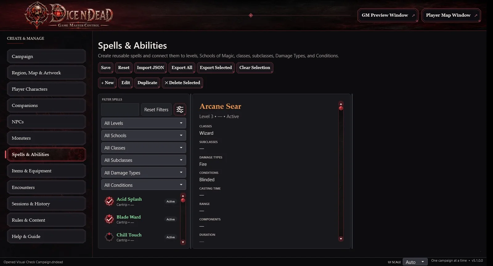 Actual Dice N Dead screenshot: Organized spell reference